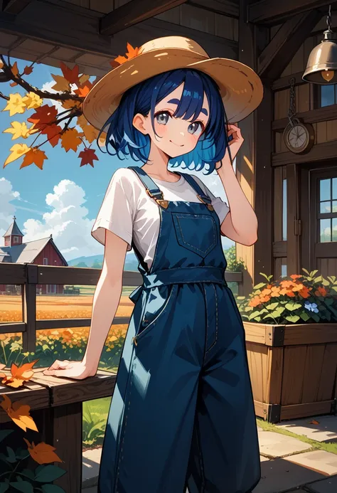 score_9, score_8_up,score_7_up,(masterpiece, best quality),1girl, wearing ovaralls,(16yo,(darkblue hair, wavy-short hair),bold eyebrows,middle small breasts),smile,in autumn farm,