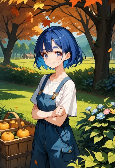 score_9, score_8_up,score_7_up,(masterpiece, best quality),1girl, wearing ovaralls,(16yo,(darkblue hair, wavy-short hair),bold eyebrows,middle small breasts),smile,in autumn farm,