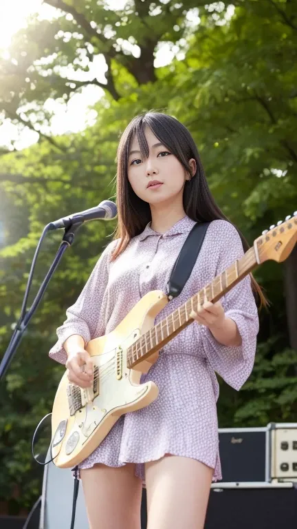 (Beautiful Japanese woman playing Fender Stratocaster on stage at outdoor event), Live outdoors, (Top quality, 8k, RAW photo), (Real: 1.2), (Japanese 25 year old beauty: 1.2, Idol&#39;s face: 1.3), Head to knee portrait, (Back view: 1.3 ), (Rear View:1.3),...