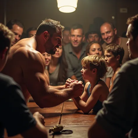 Arm wrestling finals、One is a muscular man、One is a child、One-arm arm wrestling、Lots of muscle mass々A bar surrounded by men、High-definition image quality、Depth of written boundary、Inside the bar、
