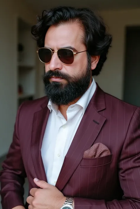 A man with a well-groomed beard and stylish sunglasses.. He is dressed in an elegant, tailor-made suit made to measure, with a smart blazer and a crisp dress shirt. The blazer is a deep wine with subtle stripes.., And the shirt is a classic white with a sl...