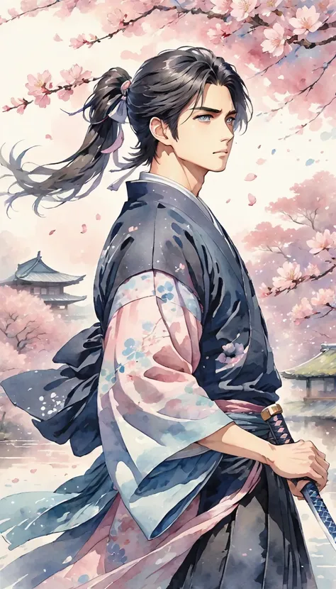 young, A handsome Japanese samurai、Long black hair tied in a loose ponytail, Painted in pastel watercolor anime style. His hair is blowing in the breeze, Be kind to him, Introspective appearance. He is wearing a dark haori and hakama., Subtle samurai armor...