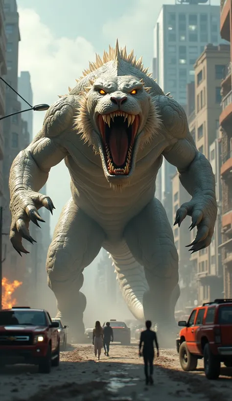 
"Create a realistic, terrifying hybrid creature standing in the center of a chaotic city. The creature has the long, muscular body of a Komodo dragon, its massive limbs crushing the pavement beneath. Its head is that of an enraged white tiger, with sharp ...