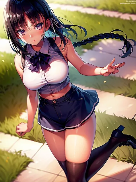 (8K, Highest quality, Highest quality, masterpiece), standing, 1girl, solo, cowboy shot, aasuzune, short hair, black hair, (single braid:1.2), hair ribbon, crop top, black thighhighs, smile, Denim short shorts, school, outdoors, large breasts, cleavage