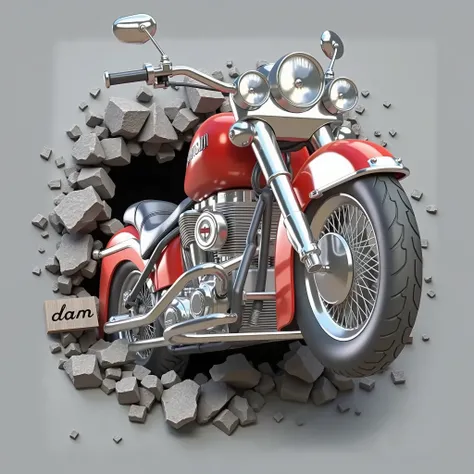 A 3D rendering of a classic red Harley Davidson motorcycle breaking through a light gray concrete wall, creating a dramatic effect with fragments and cracks scattered around. The motorcycle is positioned centrally, angled slightly upward to the right, emer...