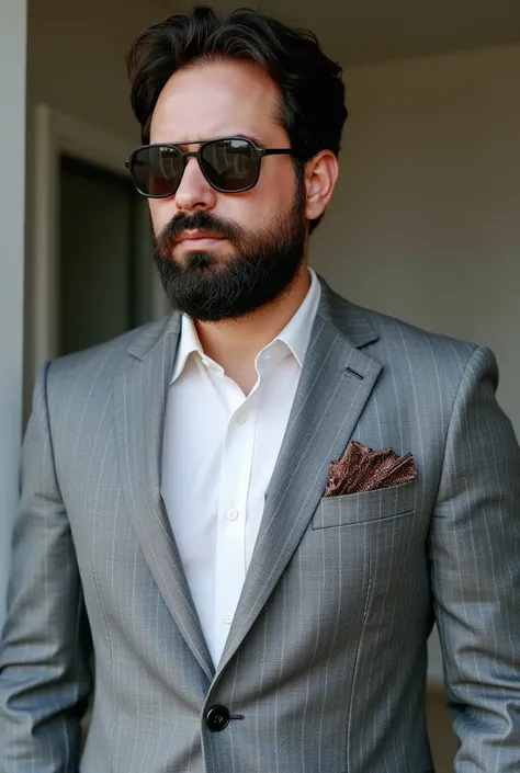 A man with a well-groomed beard and stylish sunglasses.. He is dressed in an elegant, tailor-made suit made to measure, with a smart blazer and a crisp dress shirt. The blazer is a deep silver with subtle stripes..., And the shirt is a classic white with a...