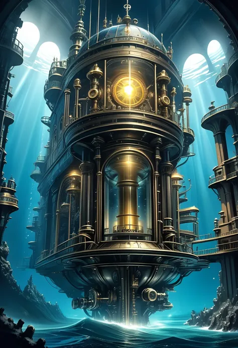 cross section of the Mariana Trench, atlantis, Northern Renaissance castle, huge amount of gear, sunlight shining through the deep, pitch black ocean, fantastic and mysterious, steampunk, dieselpunk, clockpunk, blend art, BREAK delicate and dynamic texture...