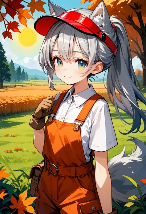 score_9, score_8_up,score_7_up,(masterpiece, best quality),1girl, wearing khaki ovaralls,(15yo,cute,silver hair,ponytail,wolf-ear,sun-visor, gloves,middle small breasts,wolf-tail,),smile,in autumn farm,