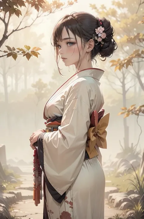 Closing my eyes in solitude in a pale-colored kimono