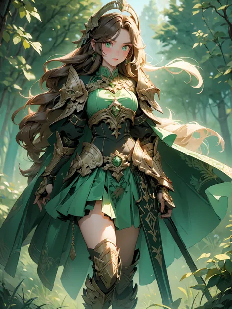 (((masterpiece, best quality, high detailed, 16k))) (1girl) A powerful, grounded female warrior with long, flowing brown hair, her emerald eyes reflecting her connection to nature. Her heavy armor is made of stone and moss, intricately designed with bull m...