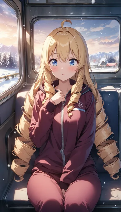 woman,, View your audience, Long Hair, Ahoge, blonde, Drill Hair, blue eyes, Slanted Eyes, Maroon zippered sportswear、maroon sportswear pants、sit in a train seat、Looking out the train window、Snow scenery can be seen from the train window、Illustration、anime...