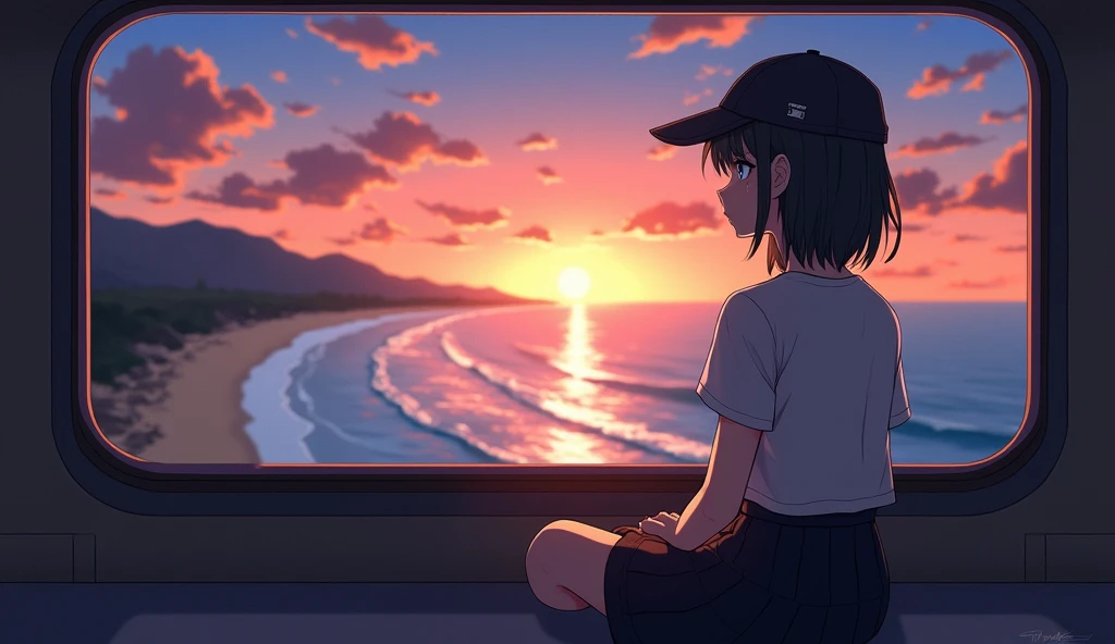 1 , Alone, blue eyes, (detailed eyes), Flat chest, short hair, black hair, baseball cap, White cap, ((white shirt)), simple t-shirt, black saia, Black socks, upper body, ((masterpiece, Illustration, best quality)) sitting on the train window watching the s...