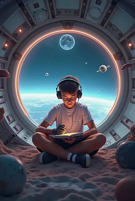 a boy inside a space vehicle wearing a high-waisted t-shirt, his name isAdil which will write in t-shirt, gloves, shorts and socks with headphones listening to music while studying and around images of space and planets, sun and starsHigh Resolution, agr 1...