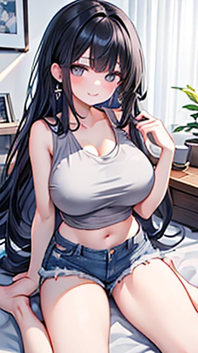 (8k、Highest quality、Please redeem、masterpiece)、Detailed face、One Girl、Black Hair、((Short bangs))、Long wavy hair、Grey Eyes、smile、Earrings、((Very large breasts))、((White tank top))、belly button、((Denim shorts,))、wariza、On the bed、Shot from above、Bedroom Back...