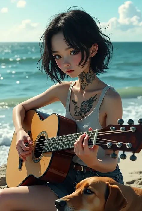 8k,Can you make me a girl with medium short hair?, black eyes, half thin lips, and with a tattoo like Guts from Beserk on his neck, playing the guitar, with a dog, sitting while watching the sea