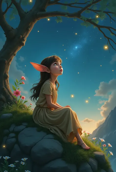 Cute elf girl sitting on fairy mountain night stars, looks thoughtfully at the sky