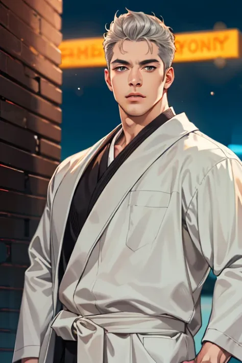 (absurd, high resolution, super detailed, realistic,), 1 male, soloist, adult, mature, tall muscular face, wide shoulders, handsome, large hair, gray hair, green eyes, angular chin, thick neck, thick eyebrows, night, dark, night view from the city backgrou...