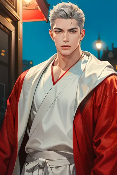 (absurd, high resolution, super detailed, realistic,), 1 male, soloist, adult, mature, tall muscular face, wide shoulders, handsome, large hair, gray hair, green eyes, angular chin, thick neck, thick eyebrows, night, dark, night view from the city backgrou...