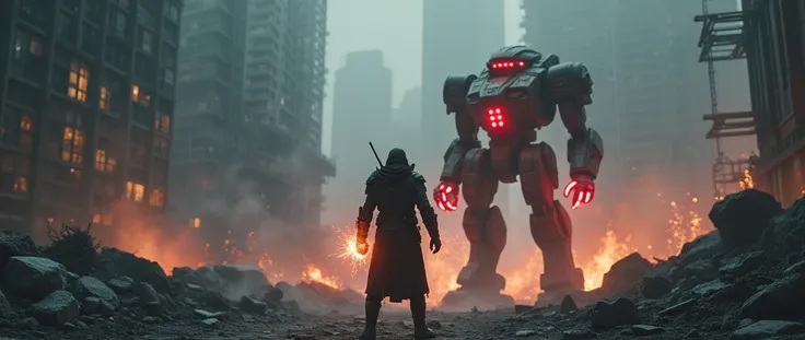 In a dimly lit, dystopian metropolis, a lone warrior stands victorious in the heart of a ravaged cityscape. Amidst crumbling skyscrapers and smoldering ruins, they face off against their arch-nemesis, a towering mech with glowing red optics. Laser blasts a...