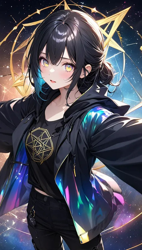 kawaii beauty, light blue glossy silky messy half-updo, elegance, dignity, amorous and lewd expression, captivating gold eyes, wearing loose half-shirt, black hooded parka, black baggy pants, engineer boots, androgynous slim figure, iridescent aura effects...