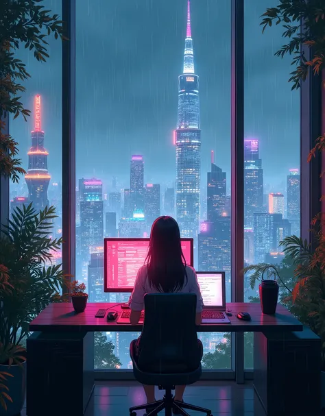 Creat a detailed anime style illustration of A futuristic, cyberpunk-inspired anime scene set in a towering city of gleaming skyscrapers under a misty night sky. The scene unfolds from inside a high-tech office with large windows revealing a sprawling metr...