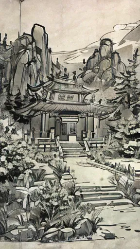 Monochrome、Huangshan、temple、Line art、