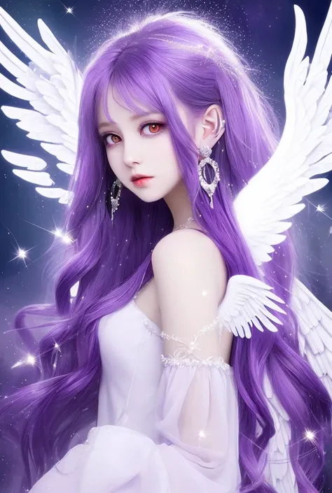 One girl, Very long hair, Purple Hair, Earrings, Sparkle Effect, Angel Halo, Angel Wings,White clothes,Purple Eyes,Fantasy,Mysterious,Light,