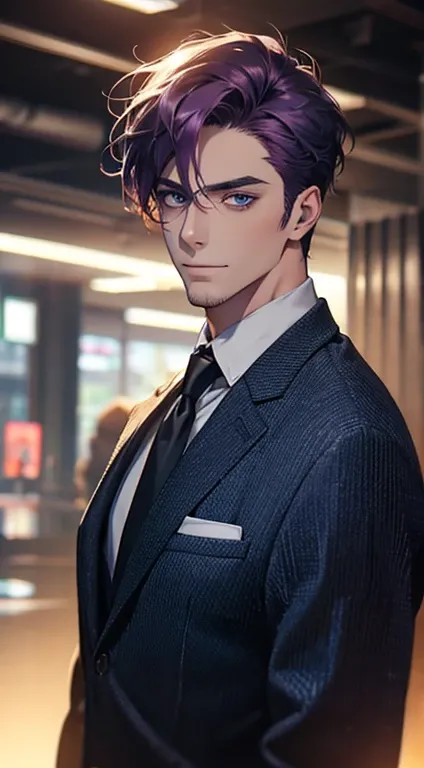 (best quality,4k,8k,highres,masterpiece:1.2),ultra-detailed,(realistic,photorealistic,photo-realistic:1.37),1 man,31 years old,mature man,very handsome,without expression,smile,short purple hair,blue eyes,penetrating gaze,perfect face without errors,imposi...