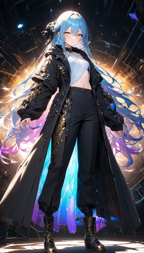 kawaii beauty, light blue glossy silky messy half-updo, elegance, dignity, amorous and lewd expression, captivating gold eyes, wearing loose half-shirt, black hooded parka, black baggy pants, engineer boots, androgynous slim figure, iridescent aura effects...