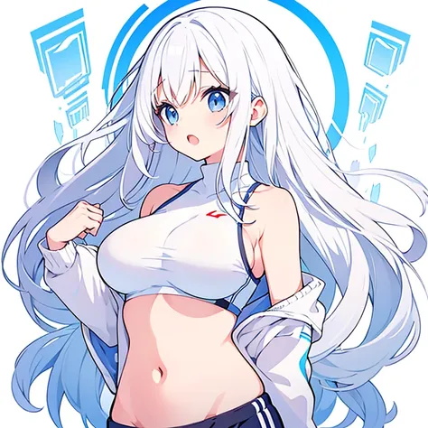 (Pure white background)、Sports Bra、Large Breasts、Mouth open、tachi-e、Standing still、Hands behind back、Long white hair