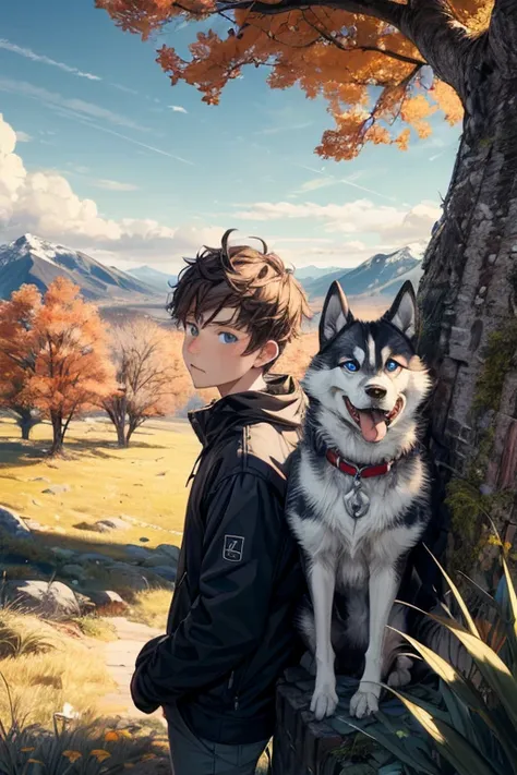 A young adult white boy with brown hair, TWO black and white husky with blue eyes, mountainous landscape with grass, looking at the observer, blue sky with clouds, high quality, soft light, fall clothes, leaning against the tree