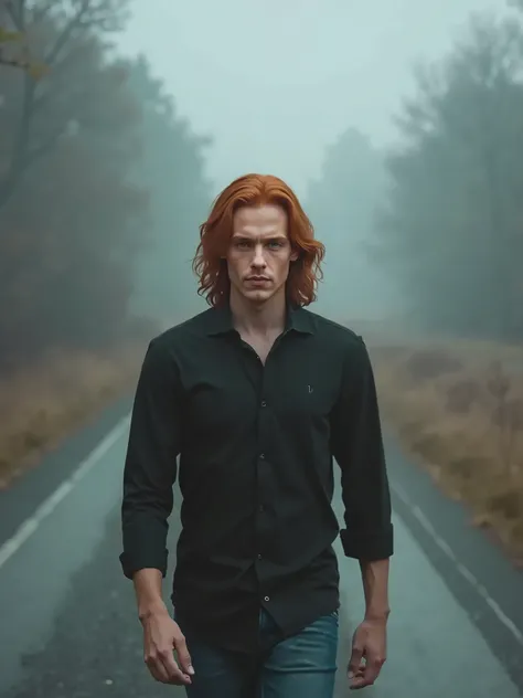 A photo of a man with long red hair and blue eyes. He is wearing a black shirt and jeans. He is walking on a foggy road at noon. The background is blurred and contains trees.