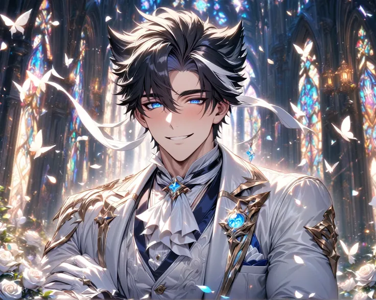 absurdres, highres, ultra detailed, HDR, master piece, best quality, detailed eyes, detailed face, Wriothesley, black hair, expressive blue eyes, a strand of his hair is white, Genshin Impact, solo, sexy man, handsome, sensual, adult face, mature, groom, w...