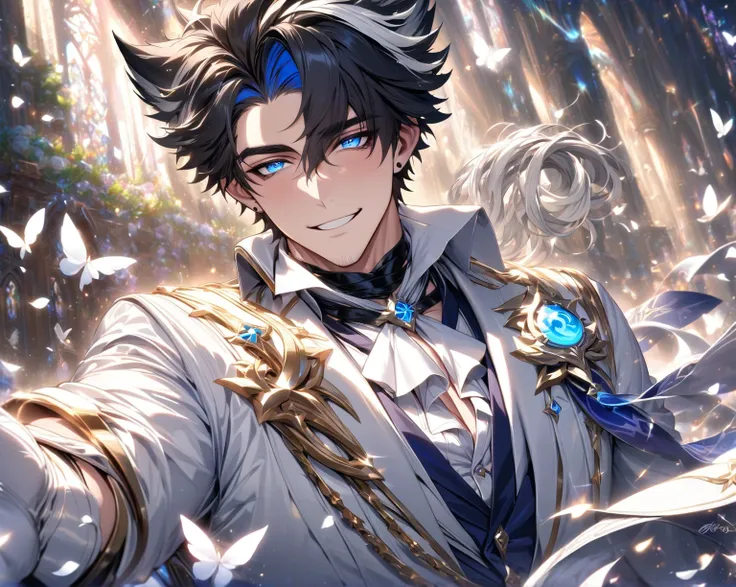 absurdres, highres, ultra detailed, HDR, master piece, best quality, detailed eyes, detailed face, Wriothesley, black hair, expressive blue eyes, a strand of his hair is white, Genshin Impact, solo, sexy man, handsome, sensual, adult face, mature, groom, w...