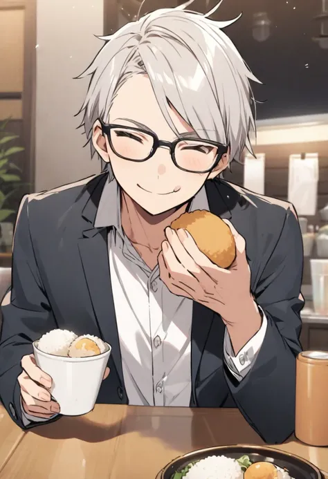 An ordinary businessman wearing glasses、Eating rice balls with a smile