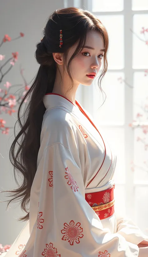 Hair not tied up　The kimono is white with red patterns