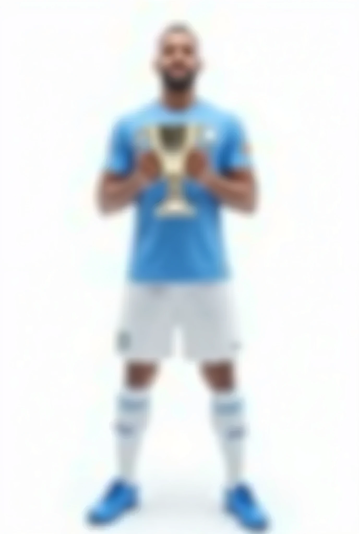 The 1m8 tall Man Wearing a Man City Football Jersey, White Background, Holding the Cup, Wearing Blue Shoes