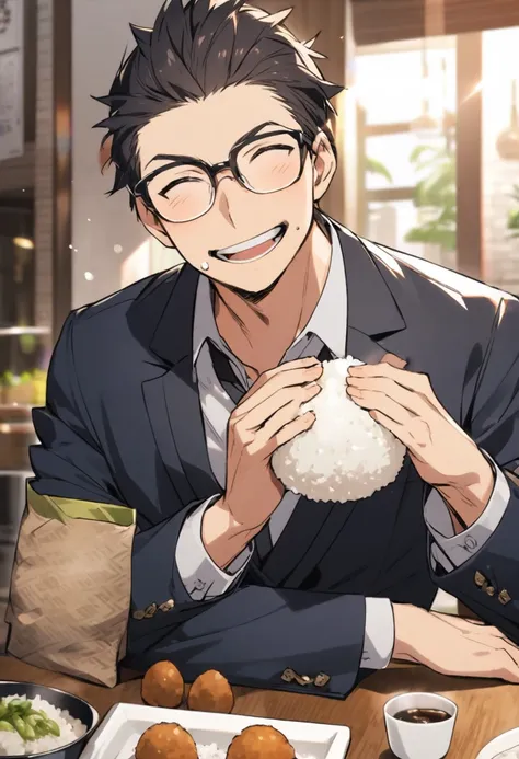 an ordinary businessman wearing glasses、eating rice balls with a smile