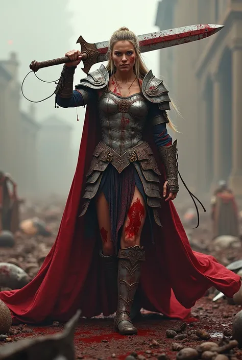 Create image of epic female warrior after victory, blood everywhere, live acting pjoto