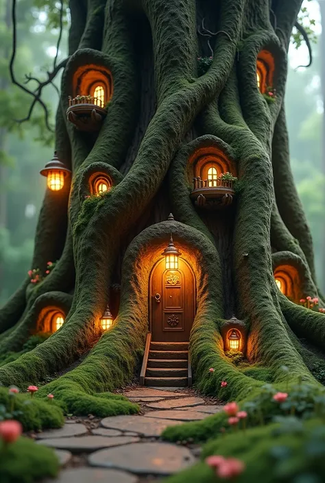 {hyper-realistic, tiny village inside old keyholes, magical realism, hidden in the roots of a large tree, photorealistic, European forest, glowing light, enchanted atmosphere} A tiny village of magical homes has been built inside the keyholes of old, ornat...