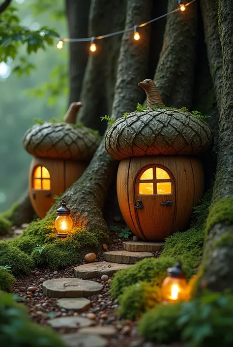 {hyper-realistic, tiny village made from acorns, magical realism, nestled at the base of ancient oak trees, photorealistic, European forest, glowing light, whimsical fairy-tale atmosphere} A tiny hamlet of magical houses, each crafted from oversized acorns...