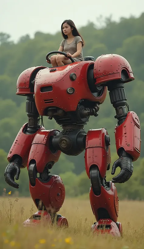 live-action、Real、A red robot made from a tractor、The tractor body is used as the body.、Robot with limbs、Girl straddling the driver&#39;s seat、Walk slowly