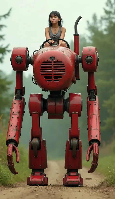 live-action、Real、A red robot made from a tractor、The tractor body is used as the body.、Robot with limbs、Girl straddling the driver&#39;s seat、Walk slowly