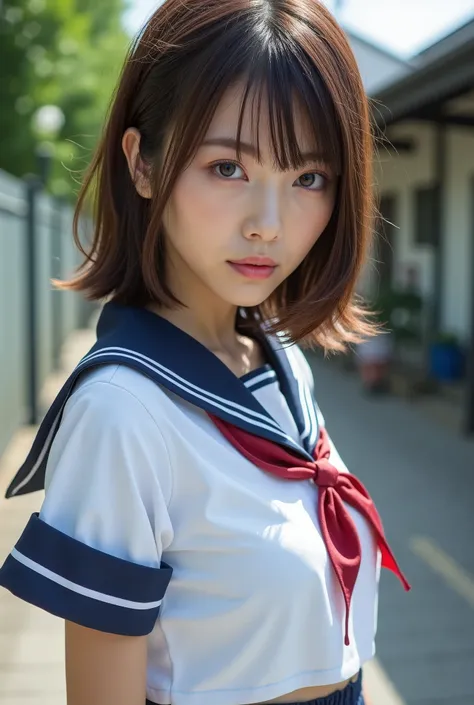 perfect composition, Proper placement, Extreme close-up, Beautiful Japanese Women, Glowing Skin, (Sweating:1.8), Brown Hair, Medium Hair, Brown eyes:1.21, Clear Eyes, Perfect Anatomy, Small head, The classic sailor uniform from a prestigious metropolitan h...