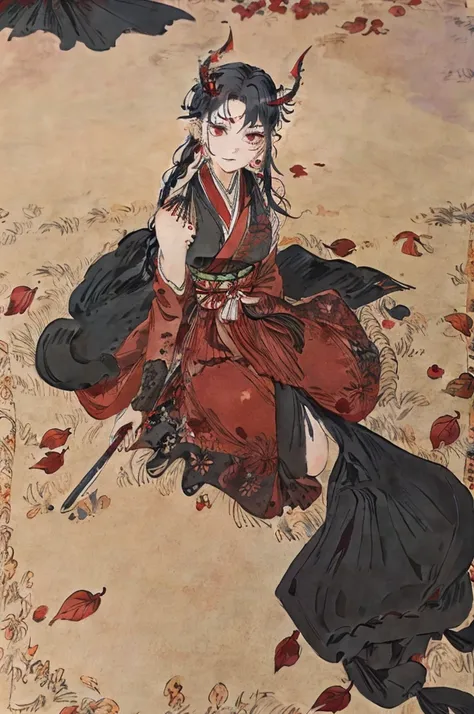 ((Best Quality)), ((masterpiece)), (detailed),Full body shot of a girl with two demon horns on her forehead,Long Shot,Sitting,multicolor,Black Hair,Red back hair,One braid,Long Hair,Black Eyes,Red feather earrings,Eyeshadow,Slim figure,Slightly muscular,Ja...