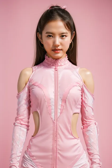 pink theme，pink ranger outfit、(best quality, masterpiece:1.2), (realistic, photo-realistic:1.4), raw photos, high resolution, in...