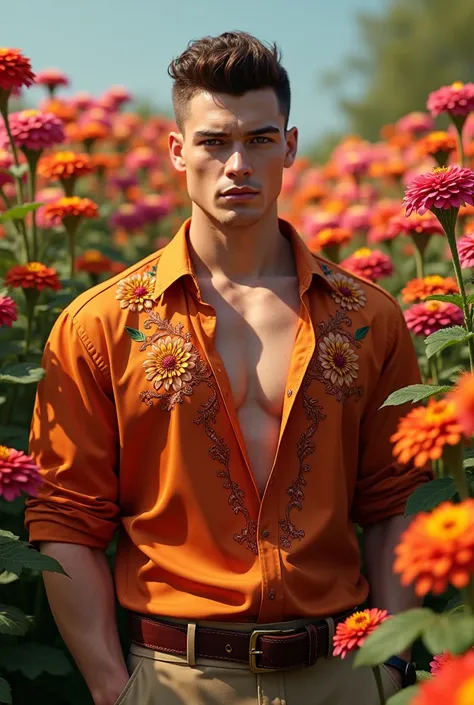 Amidst clusters of vibrant zinnias
A tall, muscular young man stands confidently in a garden brimming with bright zinnias, their bold shades of red, pink, orange, and yellow creating a vivid backdrop. His smooth white skin contrasts beautifully with the vi...