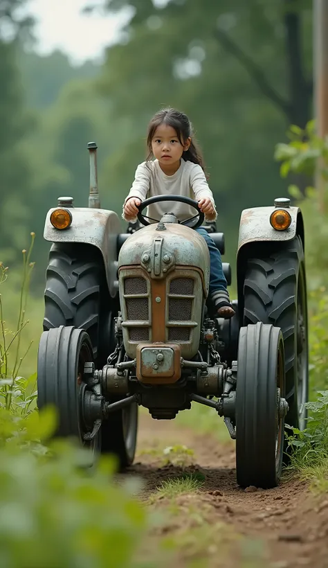 live-action、Real、A robot made from a tractor、The tractor body is used as the body.、Robot with limbs、A girl sitting in the driver&#39;s seat and driving、Get down on one knee