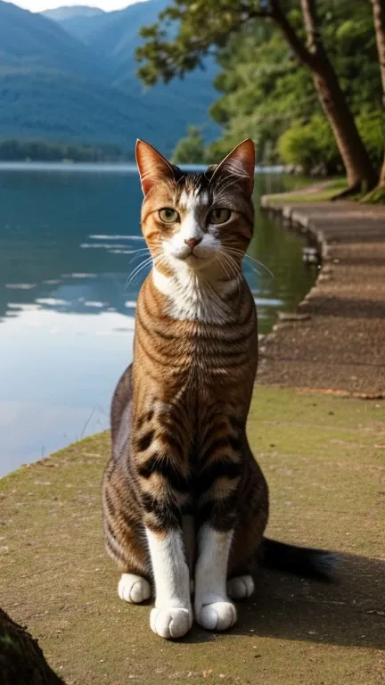 the smartest cat,a whity beautiful male cat,  just one cat,  multilingual,he can speaks  three language, him first language is japanese,  english end spanish speaker, he living in a deep forest, he is an elderly old cat, at a midnight lake side, a lot of t...