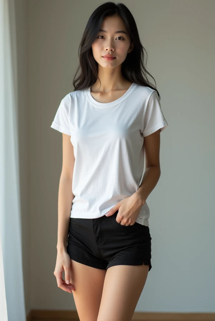 Photo of young woman, asian, thin, in white t-shirt, and black pajamas tight shorts, standing, posing, photography, reality 